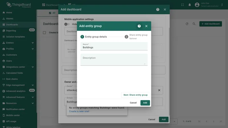 Add entity group dialog with name Buildings