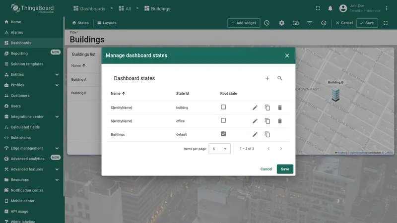 Manage dashboard states dialog showing all created states