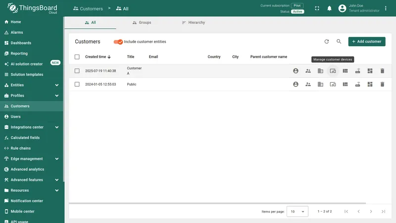 Customers list with Customer A