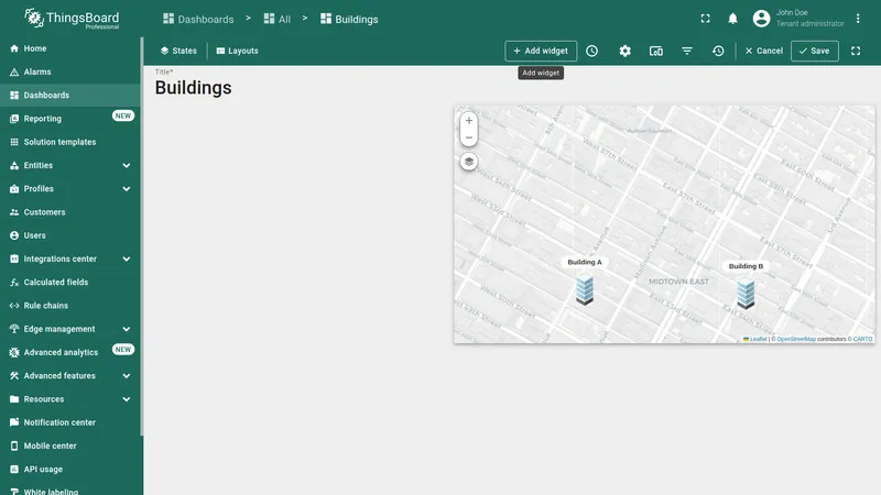 Buildings dashboard in edit mode with the Add widget button