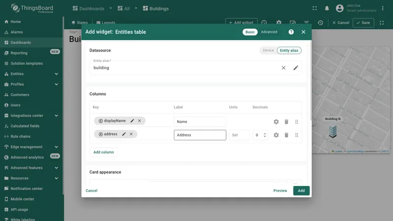 Entities table widget configuration with datasource and columns