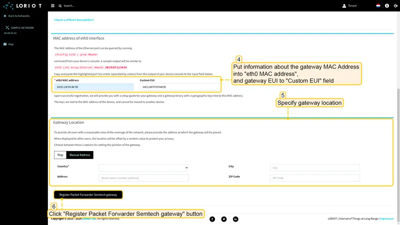 Scroll up and put information about the gateway **MAC Address** (Just remove **FFFF** or **FFFE** in the middle of ***gateway EUI***) into **eth0 MAC address** and gateway EUI to **Custom EUI** field.