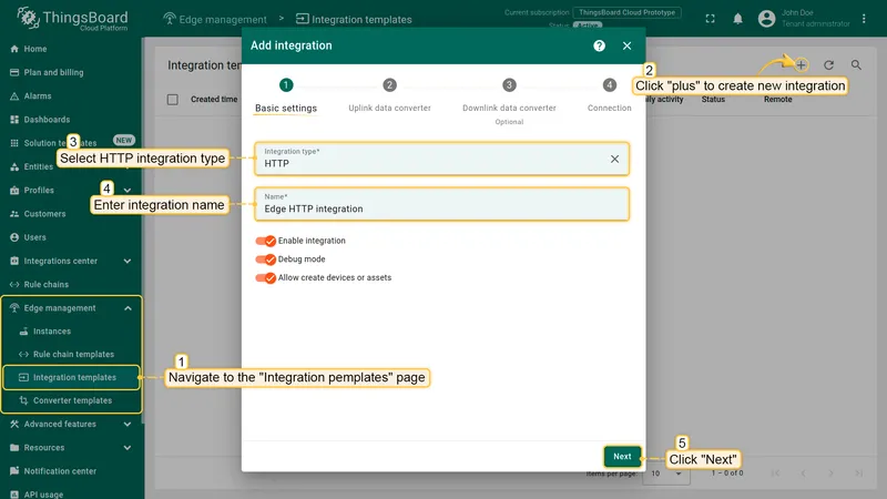 Create HTTP Integration template — type selection and name