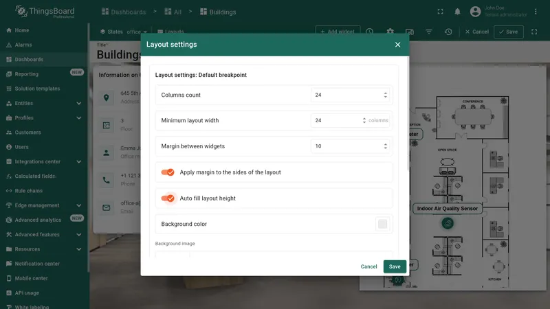 Layout settings dialog with Auto fill layout height option enabled and Save button highlighted