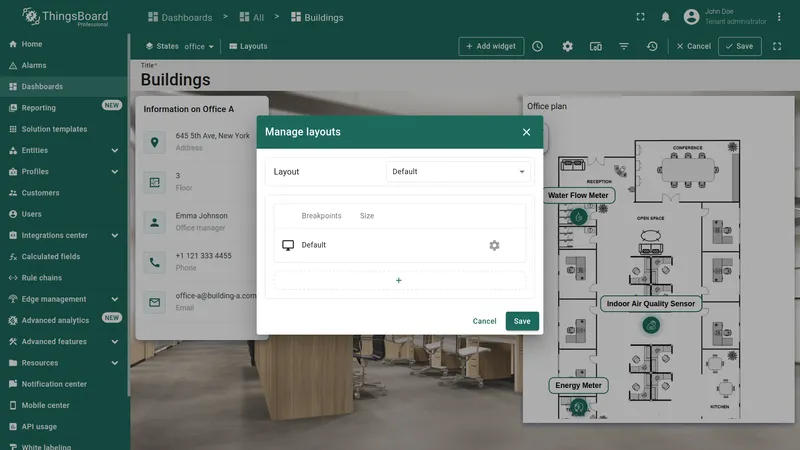 Manage layouts dialog with Save button highlighted to confirm changes