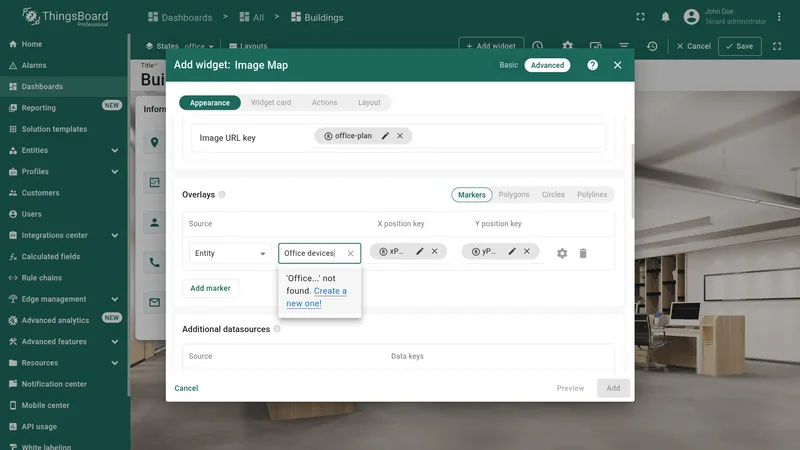 Data tab with entity alias input showing Office sensors and Create a new one option