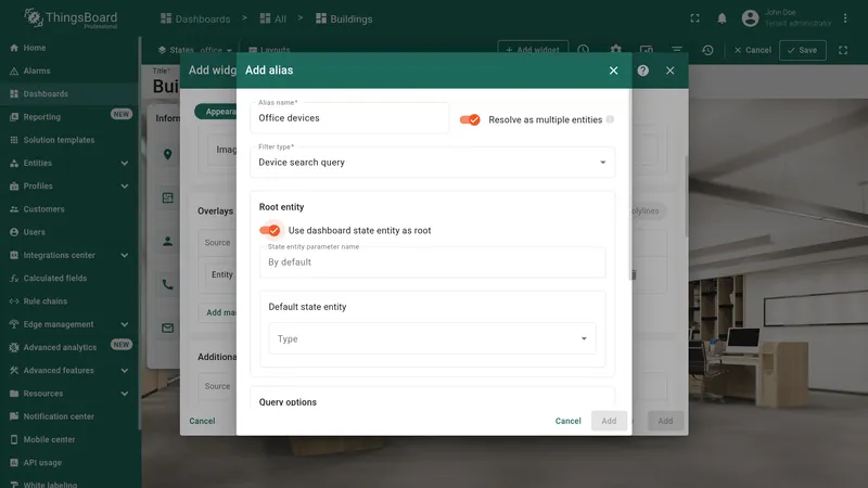 Add alias dialog with Device search query, dashboard state root, direction From, max level 1, Contains relation, and device profiles selected