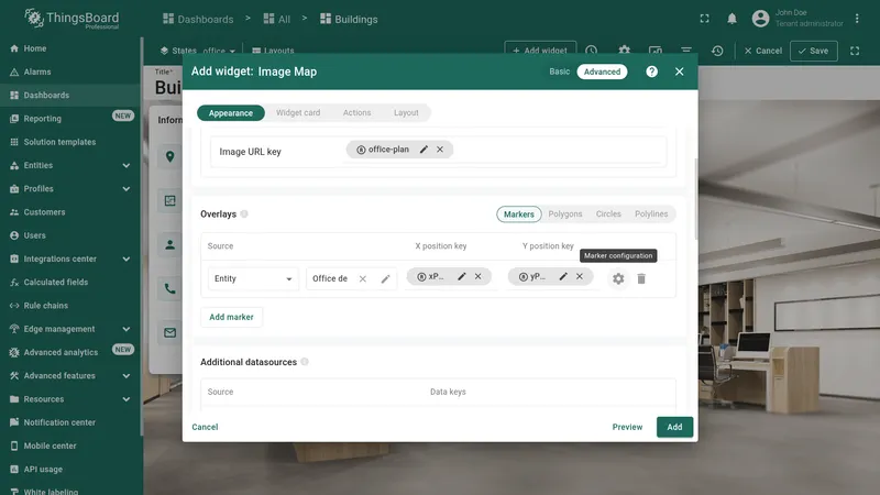 Data tab with Office sensors alias and data keys xPos, yPos, and type configured
