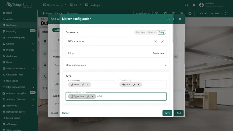 Data tab with Office sensors alias and data keys xPos, yPos, and type configured