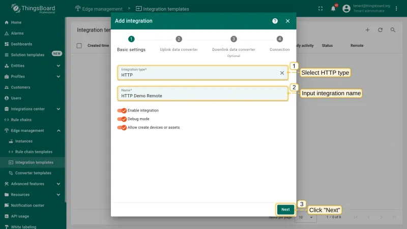 Select HTTP integration type and name