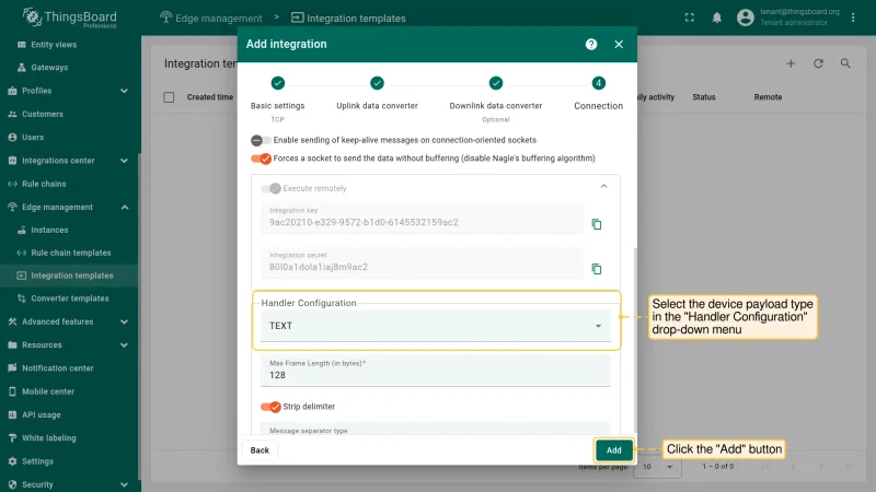 TCP integration template saved