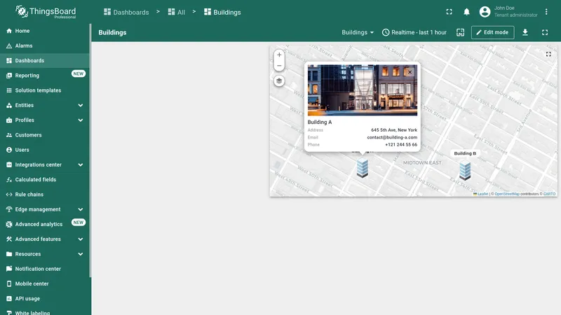 Dashboard in view mode — map tooltip popup open over Building A, showing photo, address, email, phone