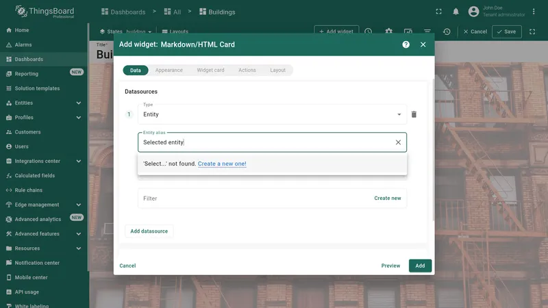 Add widget dialog Data tab with Entity alias field and create new option