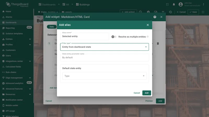 Add alias dialog with Entity from dashboard state filter selected