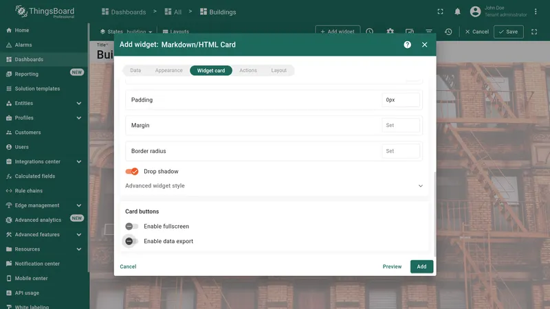 Widget card tab with fullscreen and data export options disabled and Add button available