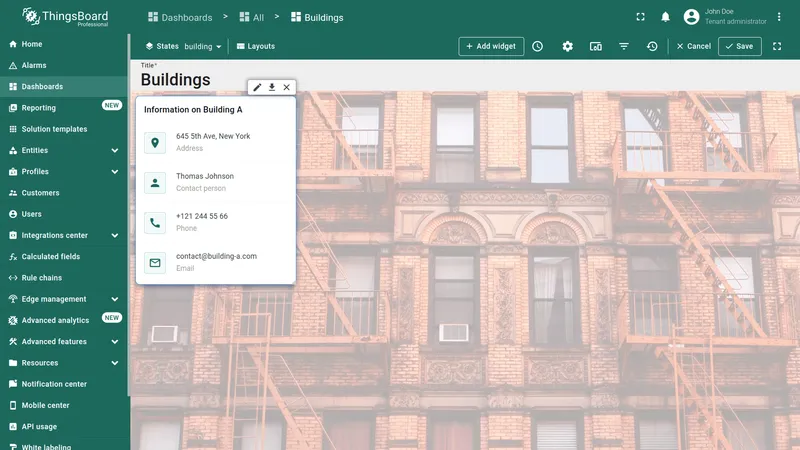 Dashboard in edit mode with configured Markdown/HTML card widget displaying entity information and Save button available