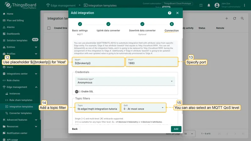 Connection page — Host set to ${{brokerIp}} placeholder, port 1883, topic filter