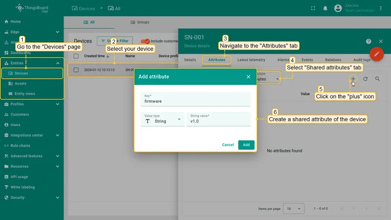 Adding a shared attribute to device SN-001 on the Edge