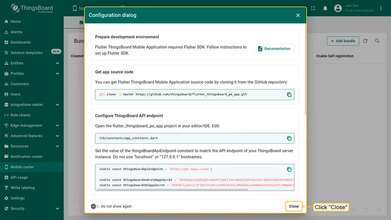 Configuration dialog showing SDK setup instructions and a Close button