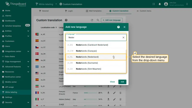 Select language from list