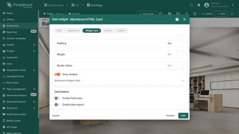 Widget card tab with fullscreen and data export disabled