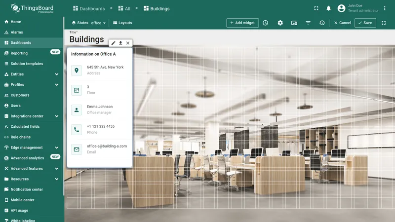 Dashboard in edit mode with widget resized and Save button highlighted