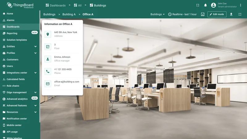 Final dashboard displaying office information card with attributes
