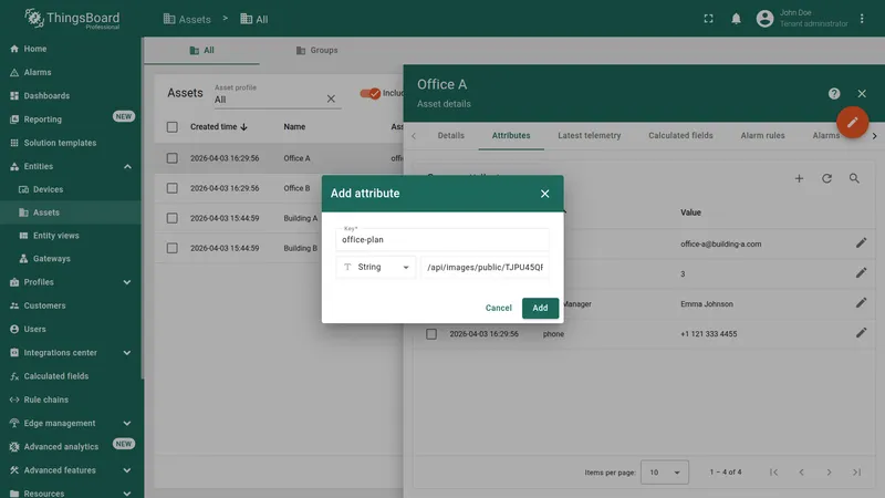Attributes tab showing office-plan attribute added to the asset