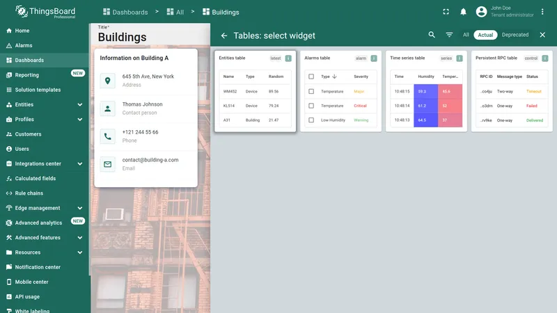 Widget selection dialog with Tables bundle and Entities table widget