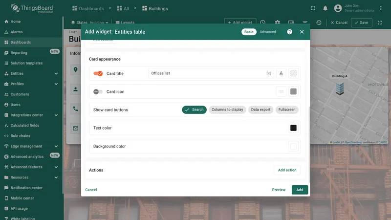 Dashboard in edit mode with Offices list widget positioned below the information card