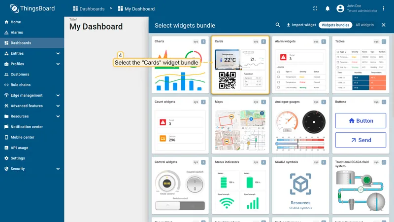 Select widgets bundle dialog showing a grid of available bundles — Cards bundle highlighted