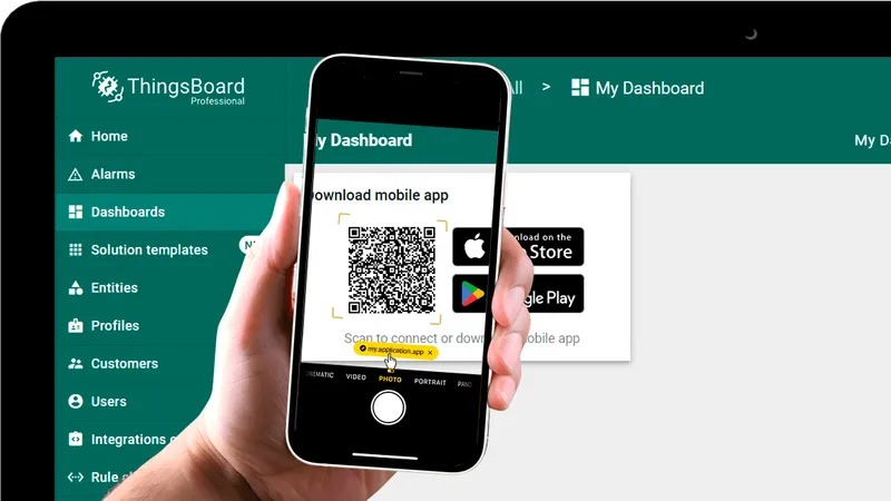Hand holding a phone showing the QR code widget on the dashboard with store badges visible