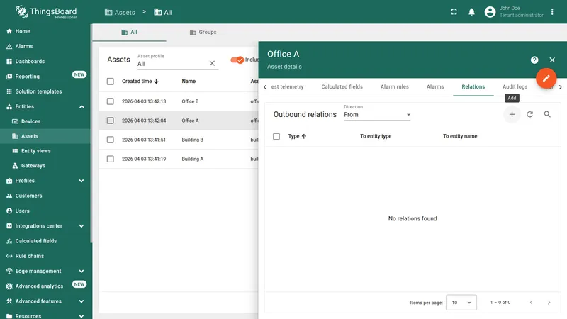 Office A details — Relations tab open with add button highlighted