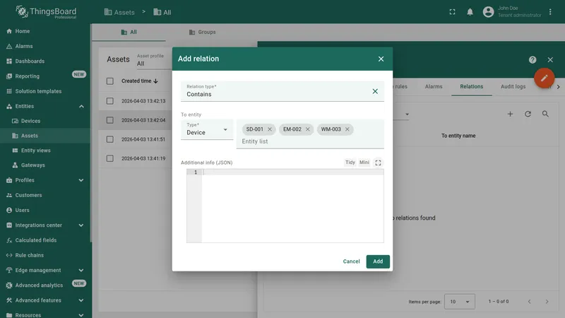Add relation dialog — relation type Contains, entity type Device, devices selected