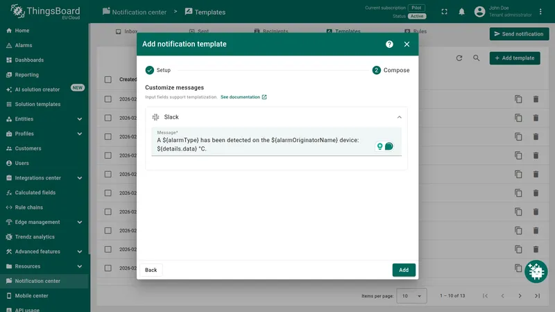 Add notification template — Compose step with the Slack message field filled in using alarm template variables