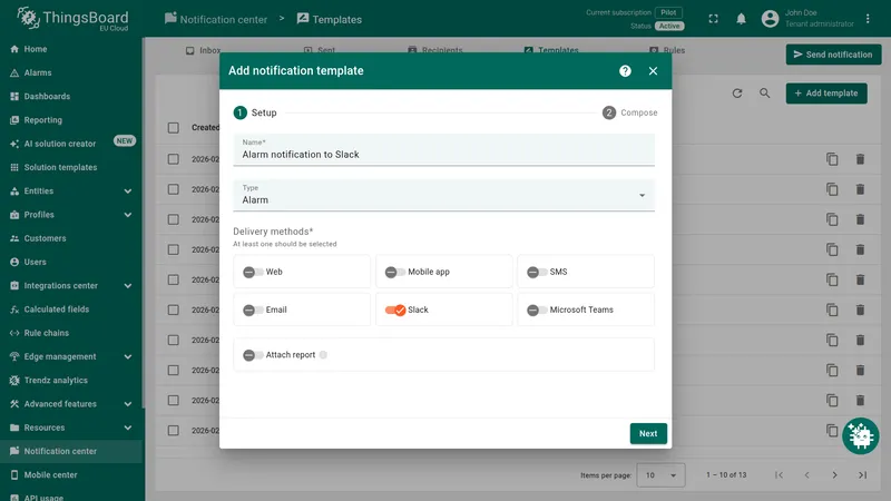 Add notification template — Setup step with Name set to Alarm notification to Slack, Type to Alarm, and Slack delivery method toggled on