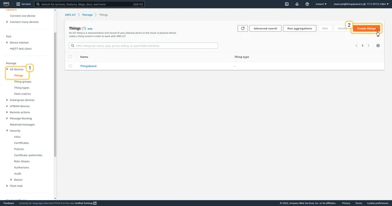 AWS IoT Things page with Create things button highlighted