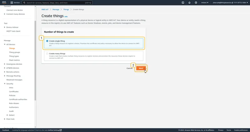 Create things wizard — Create single thing option selected