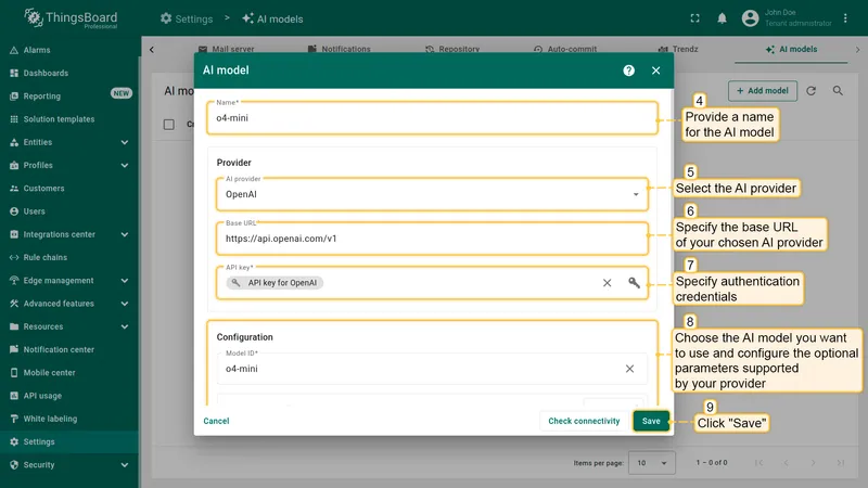 AI model configuration form