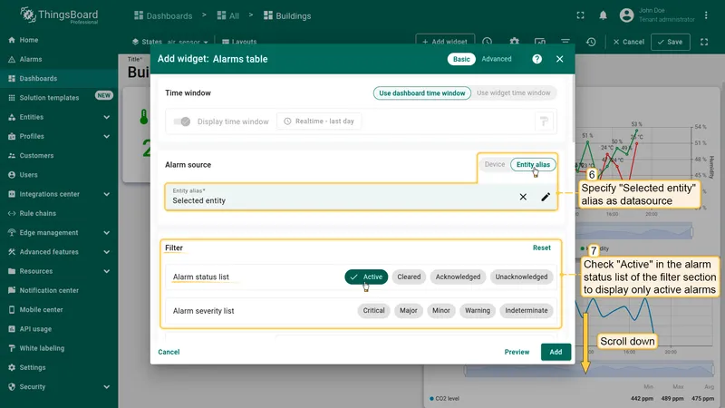 Set Selected entity datasource and filter active alarms