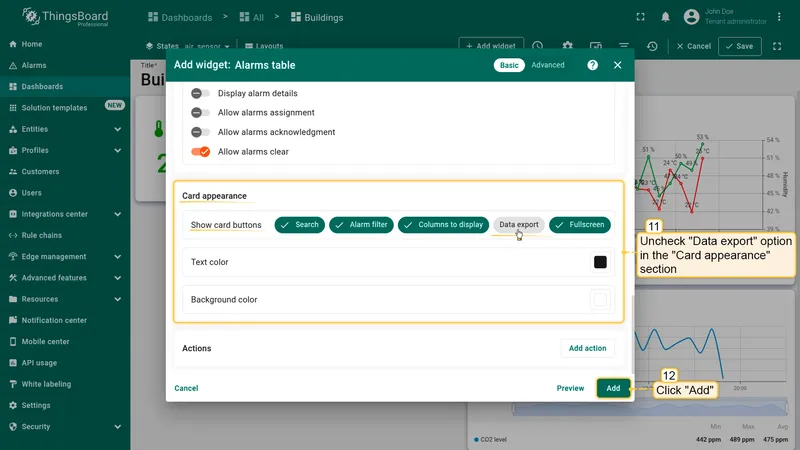 Disable Data export and add widget