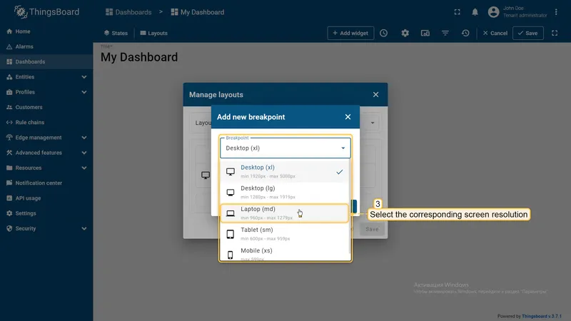 Select breakpoint from dropdown