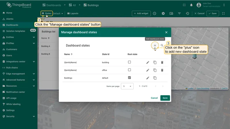 Manage dashboard states dialog with plus button highlighted
