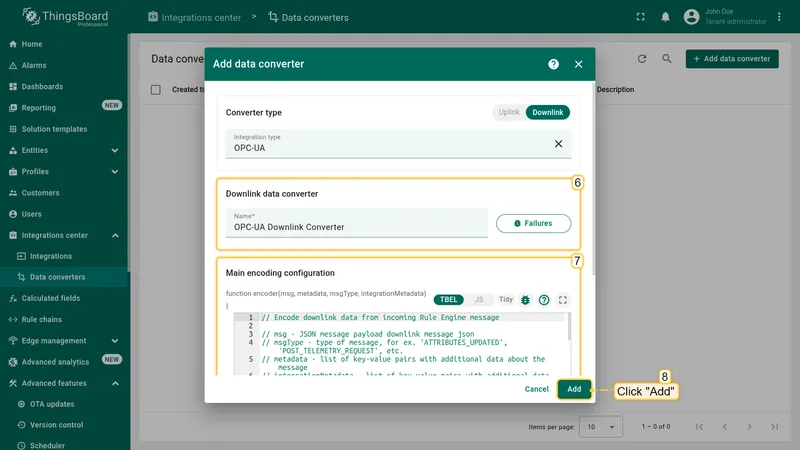 Add data converter dialog — OPC-UA selected as integration type; Downlink data converter section showing converter name and TBEL encoder function in Main encoding configuration