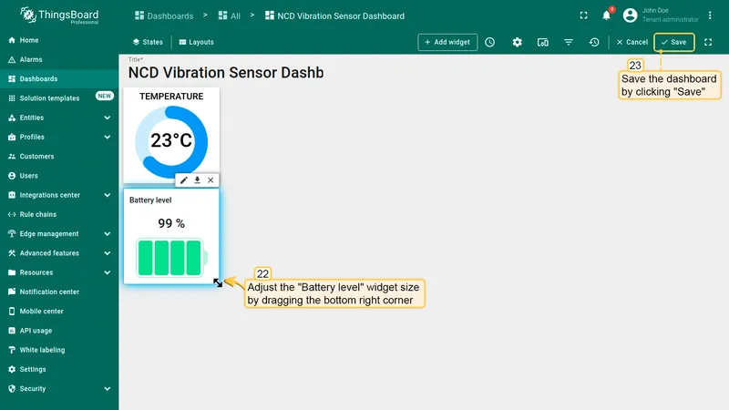 Edit the size and position of the widget according to your needs. To save any changes made to your ThingsBoard dashboard, you should click the "**Save**" button located in the upper right corner.
