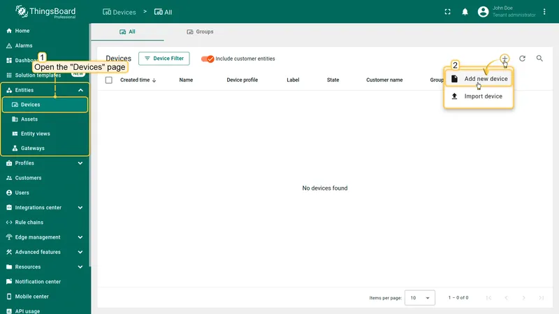 Go to the "**Devices**" page in the "**Entities**" section. In the next window, you will see a list of all your devices. We need to add a new one. Click the "**+**" icon in the upper right corner of the table. Then, from the dropdown menu, select "**Add new device**".