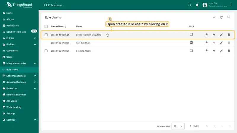 Rule chains list with Device Telemetry Emulators highlighted