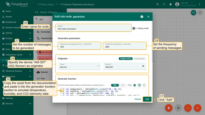 Add rule node generator dialog for IAQ data emulator with parameters and script visible