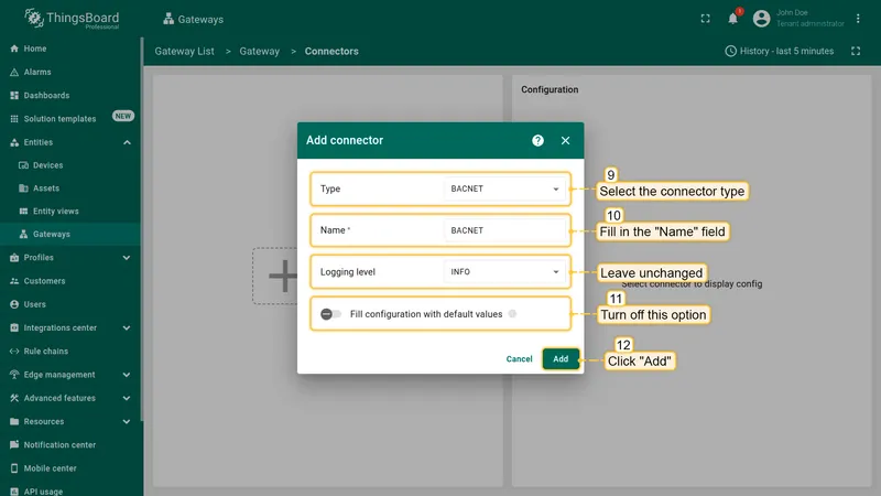 Select "**BACnet**" connector type, fill in the "**Name**" field, disable filling configuration with default values and click "**Add**" button