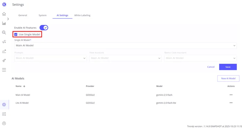Use Single Model checkbox toggles between modes
